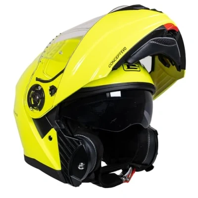 Image of G MAC Concept Evo Modular Flip Up Front Sun Visor ECE 2205 Approved Motorcycle Motorbike Helmet (Safety Yellow, M)