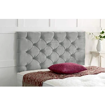 Image of Chesterfield Headboard in Plush Velvet for Divan Bed with Matching Buttons (Silver, Double 4 FEET 6 INCHES, Height 24 INCHES)