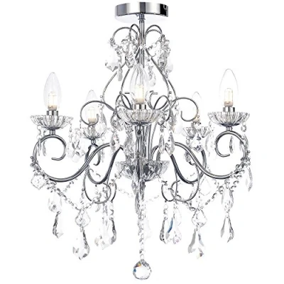 Image of Litecraft Vara Bathroom Chandelier Curved Arm Ceiling Light IP44 Rated Clear Crystal Pendant (Chrome &amp; Clear, 5 Light)
