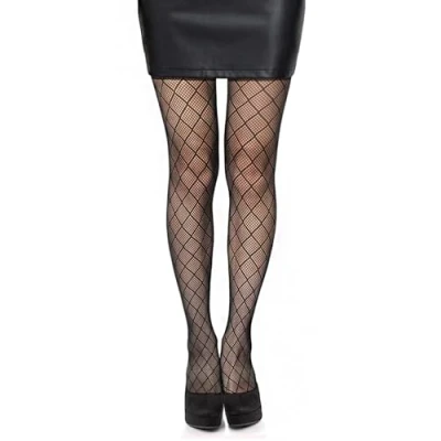 Image of Simply Joshimo Womens Fishnet/Fencenet Black Patterned Tights Jacquard Diamond Chequered Net Pantyhose