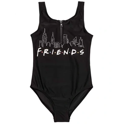 Image of FRIENDS Swimsuit for Girls Kids F.R.I.E.N.D.S Black Swimming Costume Cityscape Logo Children&#039;s Swimwear Suit with Zip All in One TV Show Gift