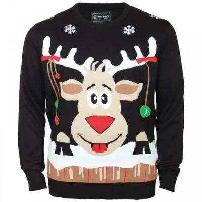 Image of KAM Rudolph Xmas Jumper Crew Neck Long Sleeve Casual Black Plus Size Mens 2XL 8XL X023 (UK, Alpha, 4XL, Plus, Regular)