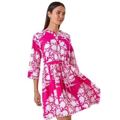 Image of Roman Originals Floral Button Smock Dress for Women UK Ladies Everyday Holiday Spring Summer Notch Neckline Comfy Soft Evening Vacation Work Party Fuchsia Size 12