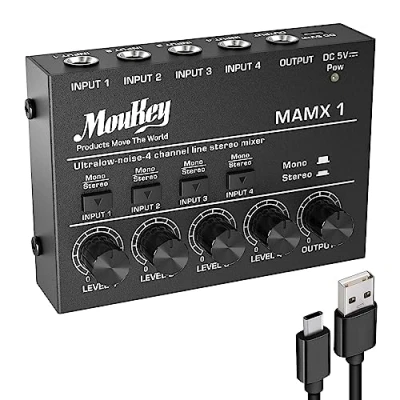 Image of Moukey Compact Studio Audio Stereo Mixer, 4 Channels DC 5V for Clubs Bars Stage Mixing Desk Guitar Bass Keyboard, MAMX1