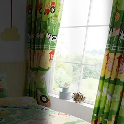 Image of Happy Linen Company Girls Boys Farm Friends Red Tractor Green 66&quot; x 72&quot; Ring Track Pole Fully Lined Thermal Blackout Pencil Pleat Curtain Set