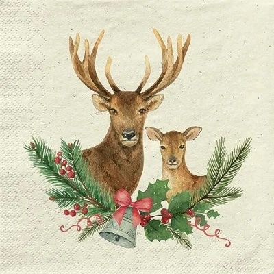 Image of 20 Napkins Recycled Paper Christmas Stag Couple on Branches as Table Decoration with Motif Also for Decoupage and 33 x cm