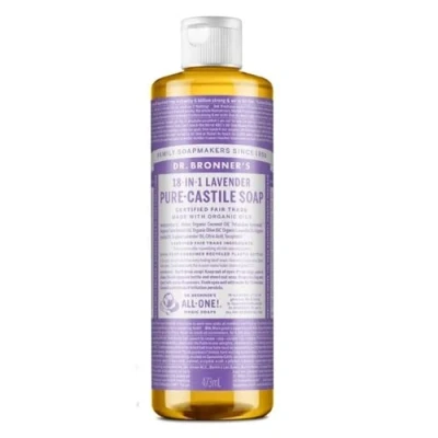 Image of Dr Bronner&#039;s 18 in 1 Lavender Pure Castile Liquid Soap, Made with Organic Oils, Used for Face, Body, Hair, Dishes, Mopping and Pets, Certified Fair Trade &amp; Vegan Friendly, 473ml Recycled Bottle