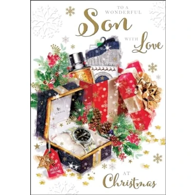 Image of Jonny Javelin Wonderful Son Christmas Card Watch, Aftershave and Socks with Foil, Flitter Embossed Details
