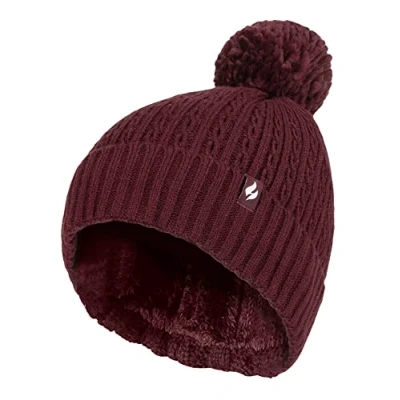 Image of HEAT HOLDERS Ladies Thermal Cable Beanie Hat Winter Knitted Pom Soft Ribbed Bobble (One Size, Wine)