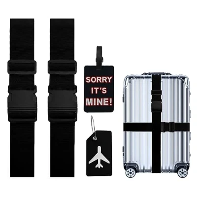 Image of Luggage Strap Set,2Pack Adjustable Suitcase Belts,2 Pieces Straps+2 Tags,Suitcase Travel Accessories for Quick Identification of Luggage(Black)
