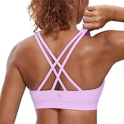 Image of CRZ Yoga Women&#039;s Strappy Back Wirefree Padded Workout Sports Bra Lilac M