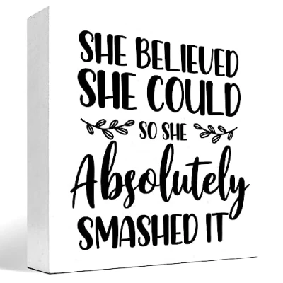 Image of KOPUTE She Believed Could so Absolutely Smashed It Wood Block Sign Desk Decor,Inspirational Wooden Box Plaque Decor for Home Office College Dorm Shelf Table 7 x Inches