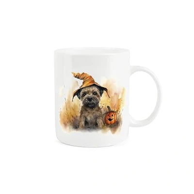 Image of Purely Home Border Terrier Mug Halloween Pumpkins Gift/Present Tea Coffee White Bone China for Dog Lovers