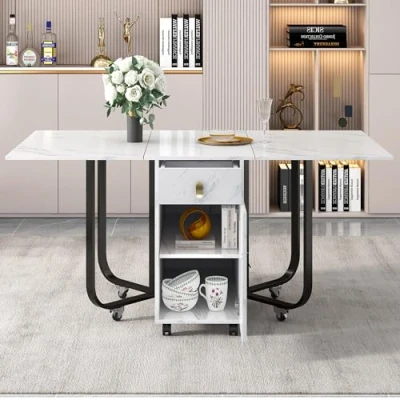 Image of BTM Folding Dining Table with Cupboard and 2 Drawers, Space saving Drop Leaf Table, Kitchen 4 Supporting Legs on Gliders, White&amp;Black