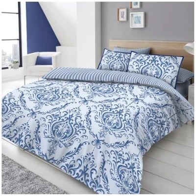 Image of GC GAVENO CAVAILIA Floral Damask Duvet Cover King Size Bed Luxury Reversible Blue Striped Quilt Set Jacquard Flower Bedding Sets