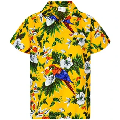 Image of King Kameha Mens Vintage Hawaiian Shirt Casual Short Sleeve Button Down Bird Designs, Cherry Parrot, Yellow, 5XL