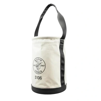 Image of Straight Wall Bucket, Canvas Tool 9 Inch Diameter, 14 Height, No. 6 Canvas, Web Handle, Klein Tools 5106, Off white