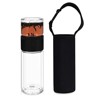 Image of Navaris Glass Tea Bottle 240ml Borosilicate Infuser with Stainless Steel Strainer, Lid, Non Slip Sleeve, Black