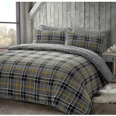 Image of click2style Tartan Teddy Fleece Extra Plush Duvet Cover Bedding Set Quilt With Pillow Cases (Tartan Grey, King)