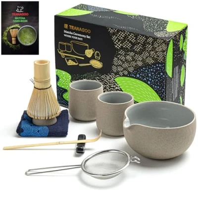Image of TEANAGOO Matcha Whisk Set Bowl with Pouring Spout Bamboo Scoop Holder Tea Making Kit. 1 Japanese (7pcs) + 2Cups(7.2oz),S2,Darker Grey,Color Box Packing