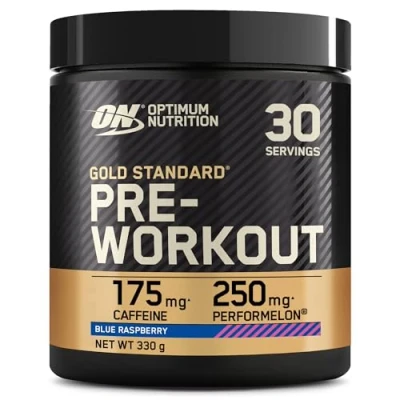 Image of Optimum Nutrition Gold Standard Pre Workout Powder, Energy Drink with Creatine Monohydrate, Beta Alanine, Caffeine and Vitamin B Complex, Food Supplement, Blue Raspberry Flavour, 30 Servings, 330 g