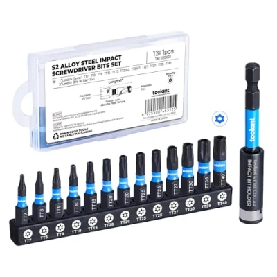 Image of toolant Impact 1 Torx Bit Set 13+1pcs (T7 T40), 1/4 Hex Shank S2 Steel Security Set, Tamper Proof Star with CNC Machined Tips, Magnetic Holder and Storage Box