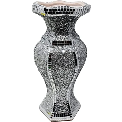 Image of Amazing Gift Large Silver Sparkle Flower Vase Handcrafted Crushed Diamond Ceramic Sculpture for Glittering Mirrored Centerpieces Stunning 30 cm Floral Display
