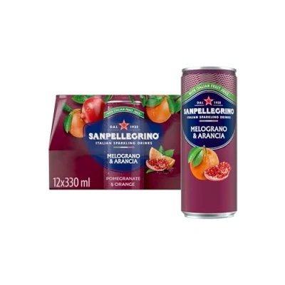 Image of San Pellegrino Italian Sparkling Drinks Tastefully Light Pomegranate &amp; Orange Canned Soft Drink 12 x 330ml 68 kCals per Can