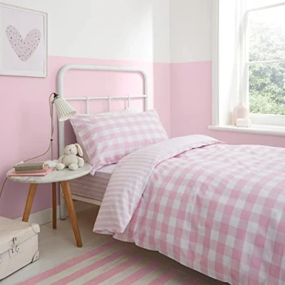 Image of Bianca Check and Stripe Cotton Reversible Single Duvet Cover Set with Pillowcase Pink