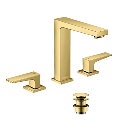 Image of hansgrohe 32515990 Metropol 3 Loch Waschtischarmatur 160 mit Hebelgriffen und Push Open Ablaufgarnitur Polished Gold Optic Hole washbasin Mixer tap, spout Height mm