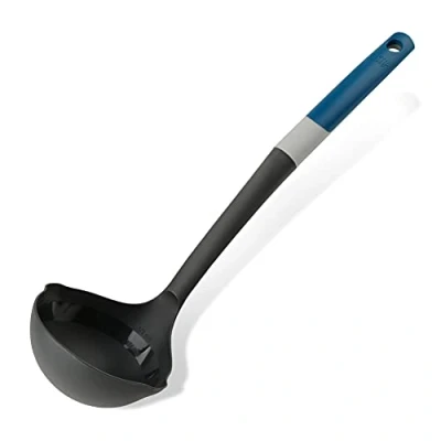 Image of Tasty Soup Ladle with Measurements, Spoon, Soft Touch Handle Pouring Tips on Both Sides, for Cooking and Serving Soup, Dimensions, 34 x 10.5 cm, Plastic, Colours, Dark Blue, Black Grey