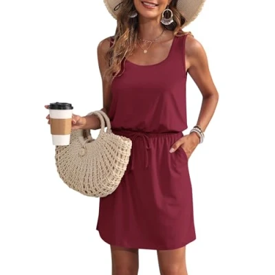 Image of WNEEDU Summer Dresses Women UK Darwstring Beach Emprie Waist Sundresses with Pockets Wine Red L
