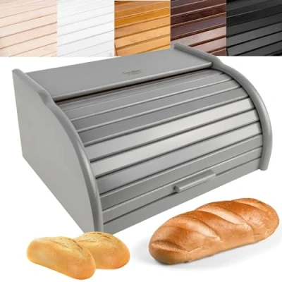 Image of Creative Home Grey Wooden Bread Bin 38 x 28.5 17.5 cm (+/ 1 cm) Natural Beech Wood box Container with Roll Top Lid Kitchen Storage