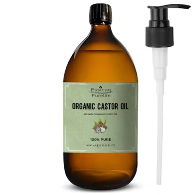 Image of Essican Purelife Organic Castor Oil In Glass Bottle With Pump 1000ml 100% Pure Hexane Free For Hair Growth, Cold Pressed, Eyelashes