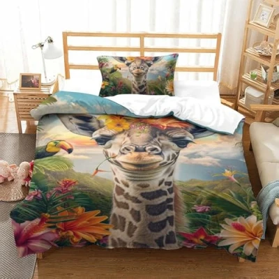 Image of LKKENDUGD Bedding Colored Giraffe Set Duvet Cover for Kids Boys Girls 3D Printed Comforter Quilt Microfiber Bedroom Collection 2pcs Single（135x200cm）