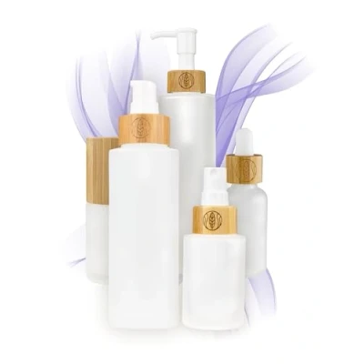 Image of Glass bottles with bamboo lid, frosted glass, pack of 4, 2 x 30 ml, 100 sustainable DIY natural cosmetics, small empty spray head, pump dispenser, gift packaging
