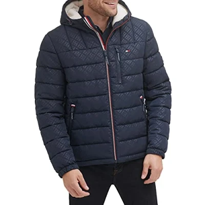 Image of Tommy Hilfiger Men&#039;s Midweight Sherpa Lined Hooded Water Resistant Puffer Jacket, Logo Tech, S