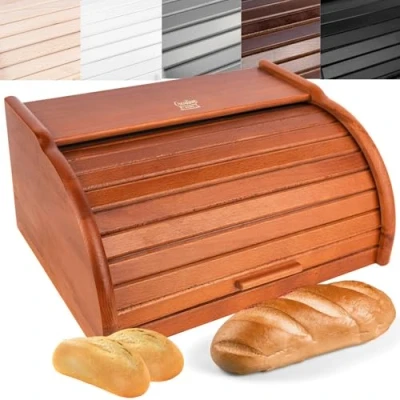 Image of Creative Home Alder Wooden Bread Bin 38 x 28.5 17.5 cm (+/ 1 cm) Natural Beech Wood box Container with Roll Top Lid Kitchen Storage