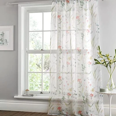 Image of Dreams &amp; Drapes Summer Meadow Floral Single Net Curtain for Windows W55 x L48 (140 122cm) Flowers Birds Window White Voile Bedroom Living Room Sheer Curtains