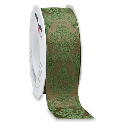 Image of Präsent Brixen Wired &amp; Printed Ribbon Old Green Silver 40 mm Width, 20 m Length