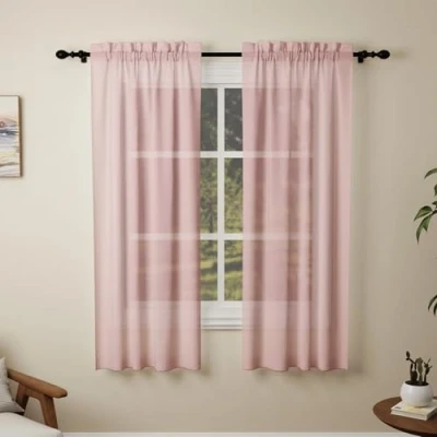 Image of Pacok Pink Voile Curtains, 72 Drop 2 Panel Net Curtain for Windows, Rod Pocket Sheer Curtains Living Room Kitcken Bedroom W56xL72 Inch(Pink,142 x 183cm)