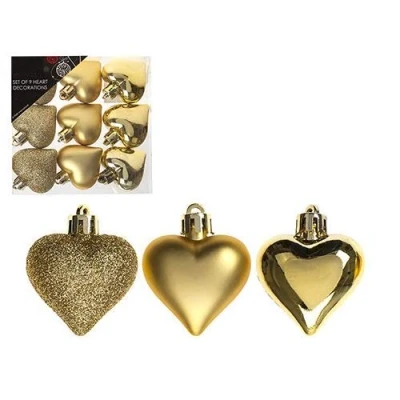 Image of Toyland Pack Of 9 5cm Gold Heart Baubles Shiny Matte &amp; Glitter Design Christmas Tree Trims