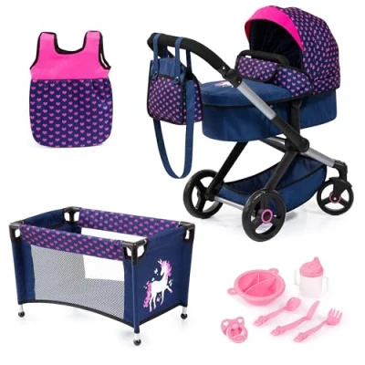 Image of Bayer Design 17054AB Dolls pram XEO, doll stroller, carriage with bed, bag, sleeping accessories