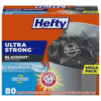 Image of Hefty Ultra Strong Tall Kitchen Trash Bags, Blackout, Clean Burst, 13 Gallon, 80 Count 1