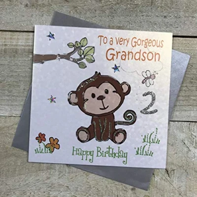 Image of white cotton cards &quot;Cheeky Monkey, To A Very Gorgeous Grandson 2 Happy Birthday Handmade 2nd Card, White, GL224