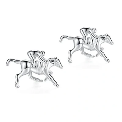 Image of HONEY BEAR Horse &amp; Jockey Racing Cufflinks for Men,Stainless Steel Business Wedding Gift Silver