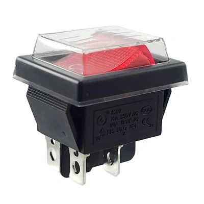 Image of Rocker Switch Red On/Off with Waterproof Cover, Device DPDT, 4 Pin 250V 16A Illuminated