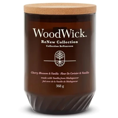 Image of WoodWick Renew Scented Candle with Crackling Wick Cherry Blossom and Vanilla Large Plant Based Soy Coconut Wax Blend Made Recycled Materials