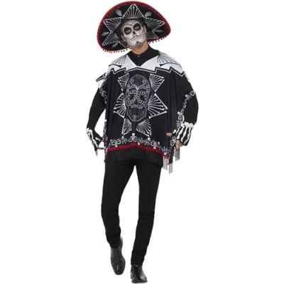 Image of Smiffys Day of The Dead Bandit Costume, Black &amp; White with Poncho, Sombrero Gloves, Mexican Dead/Sugar Fancy Dress, Halloween Dress Up Costumes