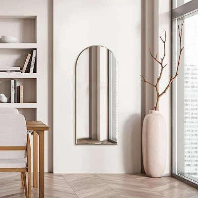 Image of MirrorOutlet The Arcus Frameless Modern Full Length Arched Leaner/Wall Mirror 47&quot; X 20&quot; (120CM 50CM) Silver Glass with Black wooden Backing Polished Edging